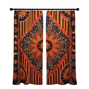 Sun & Moon Boho Hippie Indian Mandala Bohemian Curtains Black Orange Celestial